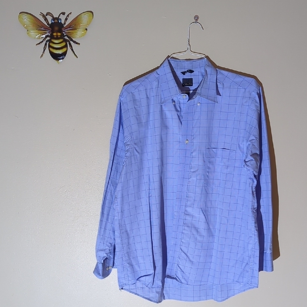 Chaps Light Blue Grid Pattern Dress Shirt, 17, 34-35